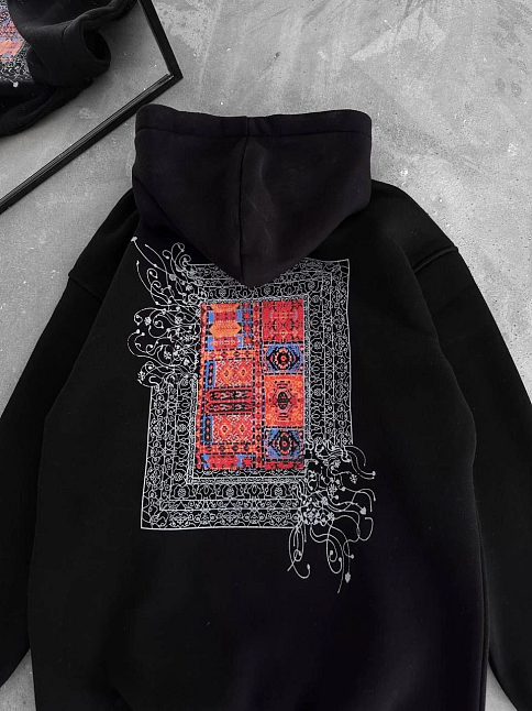 Erkek Kapüşonlu Kanguru Cepli Sweatshirt 3 İplik Pamuklu Baskılı Hoodie - Siyah