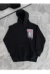 Kadın Kapüşonlu Kanguru Cepli Sweatshirt 3 İplik Pamuklu Baskılı Hoodie - Siyah