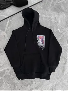 Kadın Kapüşonlu Kanguru Cepli Sweatshirt 3 İplik Pamuklu Baskılı Hoodie - Siyah