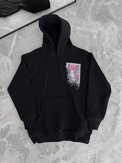Erkek Kapüşonlu Kanguru Cepli Sweatshirt 3 İplik Pamuklu Baskılı Hoodie - Siyah