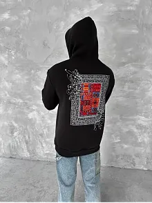Erkek Kapüşonlu Kanguru Cepli Sweatshirt 3 İplik Pamuklu Baskılı Hoodie - Siyah
