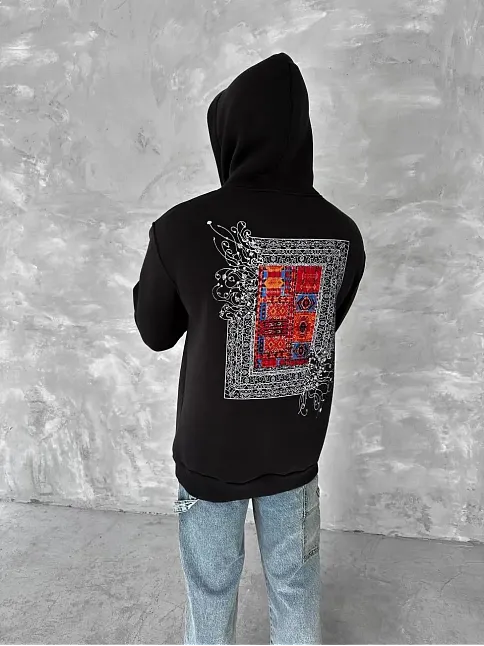 Erkek Kapüşonlu Kanguru Cepli Sweatshirt 3 İplik Pamuklu Baskılı Hoodie - Siyah