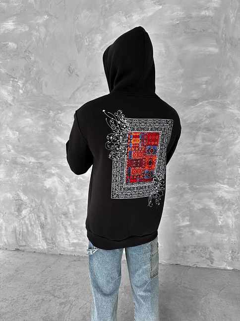 Erkek Kapüşonlu Kanguru Cepli Sweatshirt 3 İplik Pamuklu Baskılı Hoodie - Siyah