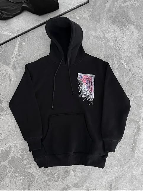 Kadın Kapüşonlu Kanguru Cepli Sweatshirt 3 İplik Pamuklu Baskılı Hoodie - Siyah