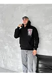 Erkek Kapüşonlu Kanguru Cepli Sweatshirt 3 İplik Pamuklu Baskılı Hoodie - Siyah