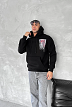 Erkek Kapüşonlu Kanguru Cepli Sweatshirt 3 İplik Pamuklu Baskılı Hoodie - Siyah
