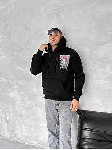 Erkek Kapüşonlu Kanguru Cepli Sweatshirt 3 İplik Pamuklu Baskılı Hoodie - Siyah