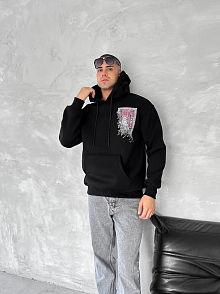 Erkek Kapüşonlu Kanguru Cepli Sweatshirt 3 İplik Pamuklu Baskılı Hoodie - Siyah