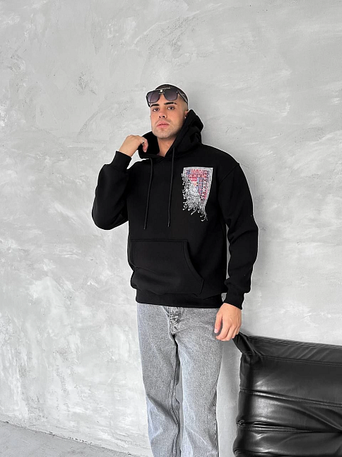 Erkek Kapüşonlu Kanguru Cepli Sweatshirt 3 İplik Pamuklu Baskılı Hoodie - Siyah