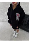 Kadın Kapüşonlu Kanguru Cepli Sweatshirt 3 İplik Pamuklu Baskılı Hoodie - Siyah