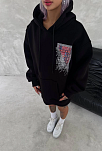 Kadın Kapüşonlu Kanguru Cepli Sweatshirt 3 İplik Pamuklu Baskılı Hoodie - Siyah