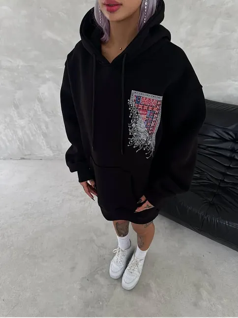 Kadın Kapüşonlu Kanguru Cepli Sweatshirt 3 İplik Pamuklu Baskılı Hoodie - Siyah