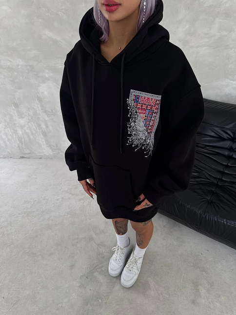 Kadın Kapüşonlu Kanguru Cepli Sweatshirt 3 İplik Pamuklu Baskılı Hoodie - Siyah