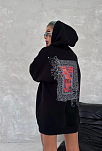 Kadın Kapüşonlu Kanguru Cepli Sweatshirt 3 İplik Pamuklu Baskılı Hoodie - Siyah