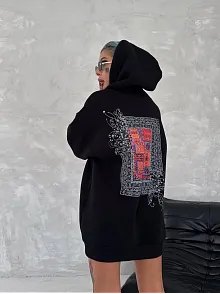 Kadın Kapüşonlu Kanguru Cepli Sweatshirt 3 İplik Pamuklu Baskılı Hoodie - Siyah