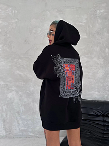 Kadın Kapüşonlu Kanguru Cepli Sweatshirt 3 İplik Pamuklu Baskılı Hoodie - Siyah