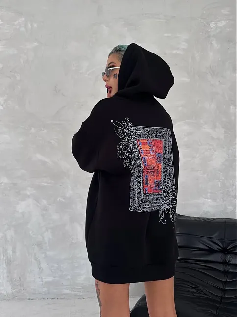Kadın Kapüşonlu Kanguru Cepli Sweatshirt 3 İplik Pamuklu Baskılı Hoodie - Siyah