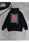 Kadın Kapüşonlu Kanguru Cepli Sweatshirt 3 İplik Pamuklu Baskılı Hoodie - Siyah