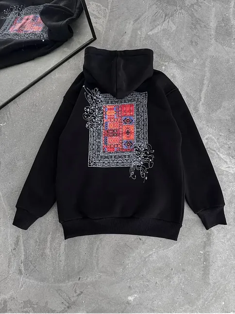 Kadın Kapüşonlu Kanguru Cepli Sweatshirt 3 İplik Pamuklu Baskılı Hoodie - Siyah