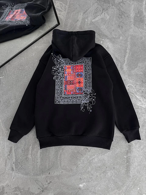 Erkek Kapüşonlu Kanguru Cepli Sweatshirt 3 İplik Pamuklu Baskılı Hoodie - Siyah
