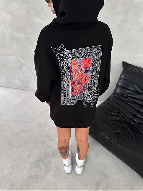 Kadın Kapüşonlu Kanguru Cepli Sweatshirt 3 İplik Pamuklu Baskılı Hoodie - Siyah