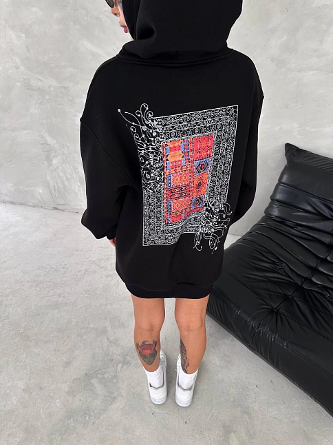 Kadın Kapüşonlu Kanguru Cepli Sweatshirt 3 İplik Pamuklu Baskılı Hoodie - Siyah