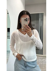 Kadın V Yaka Uzun Kollu Triko İnce Bluz - Beyaz Kadın V Yaka Uzun Kollu Triko İnce Bluz - Beyaz
