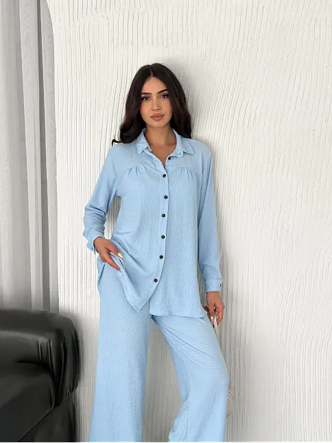 Yakalı Düğmeli Uzun Kollu Gömlek Pantolon İkili Takım - Bebek Mavisi