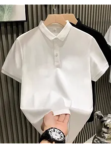 Erkek Polo Yaka Tişört Düğmeli Pike Düz T-shirt - Beyaz