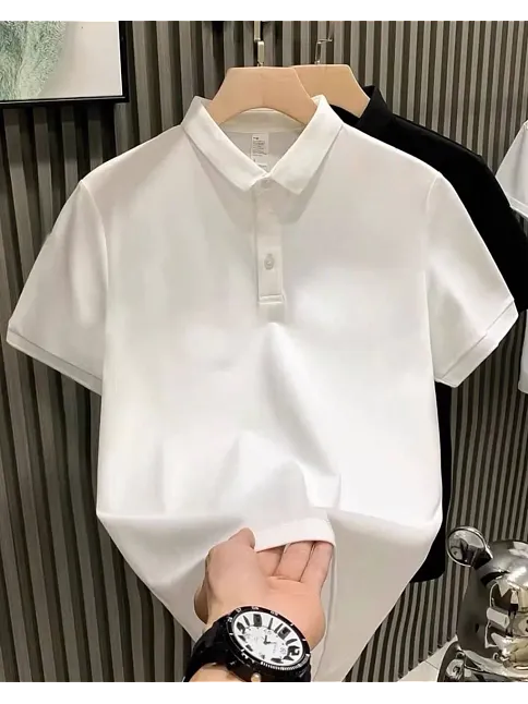 Erkek Polo Yaka Tişört Düğmeli Pike Düz T-shirt - Beyaz