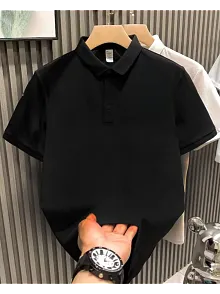 Erkek Polo Yaka Tişört Düğmeli Pike Düz T-shirt - Siyah