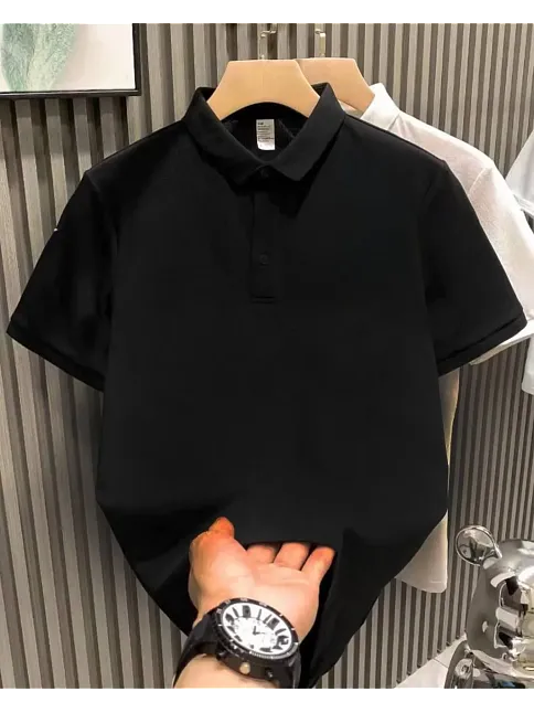 Erkek Polo Yaka Tişört Düğmeli Pike Düz T-shirt - Siyah