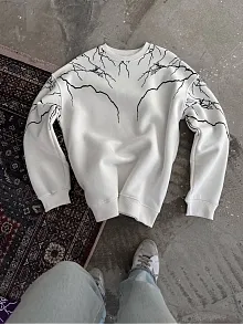 Kadın 3 İplik Pamuklu Yıldırım Baskılı Bisiklet Yaka Sweatshirt - Beyaz