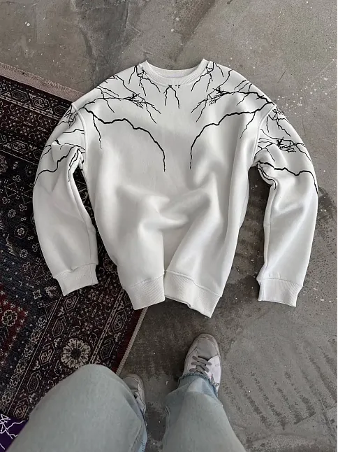 Erkek Yıldırım Baskılı Bisiklet Yaka 3 İplik Pamuklu Sweatshirt - Beyaz