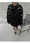 Kadın Yıldırım Baskılı Bisiklet Yaka 3 İplik Pamuklu Sweatshirt - Siyah
