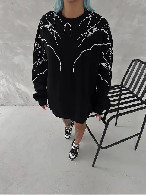 Kadın Yıldırım Baskılı Bisiklet Yaka 3 İplik Pamuklu Sweatshirt - Siyah