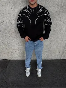 Erkek 3 İplik Pamuklu Yıldırım Baskılı Bisiklet Yaka Sweatshirt - Siyah