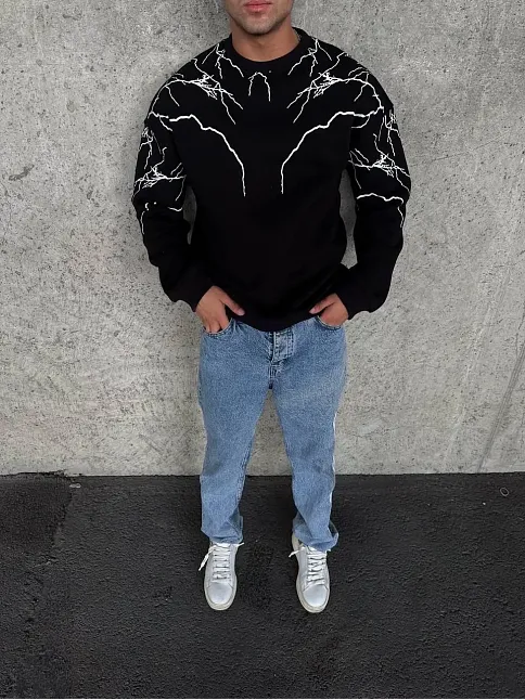 Erkek 3 İplik Pamuklu Yıldırım Baskılı Bisiklet Yaka Sweatshirt - Siyah