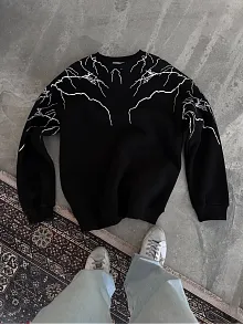 Erkek 3 İplik Pamuklu Yıldırım Baskılı Bisiklet Yaka Sweatshirt - Siyah