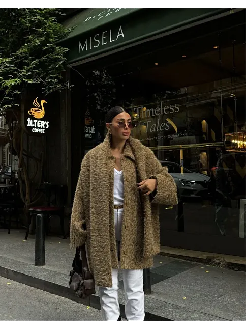 Kadın Yün Cıkartılabilen Atkılı , Kaban İkili Takım - Kahve