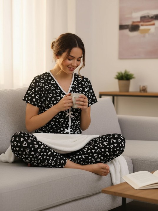 Kadın Siyah Beyaz Kalp Desenli Fiyonklu Kısa Kollu Pijama Takımı – Rahat, Şık Ve 4 Mevsim Kullanım Kadın Siyah Beyaz Kalp Desenli Fiyonklu Kısa Kollu Pijama Takımı – Rahat, Şık Ve 4 Mevsim Kullanım