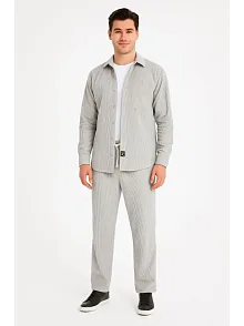 Erkek Kadife Oversize Takım Gömlek Pantolon İkili Set - Gri