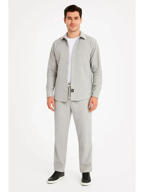 Erkek Kadife Oversize Takım Gömlek Pantolon İkili Set - Gri