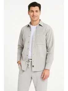 Erkek Kadife Oversize Takım Gömlek Pantolon İkili Set - Gri