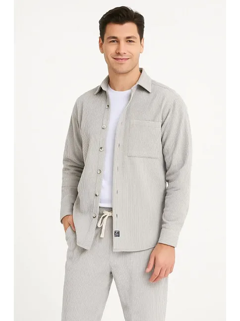 Erkek Kadife Oversize Takım Gömlek Pantolon İkili Set - Gri