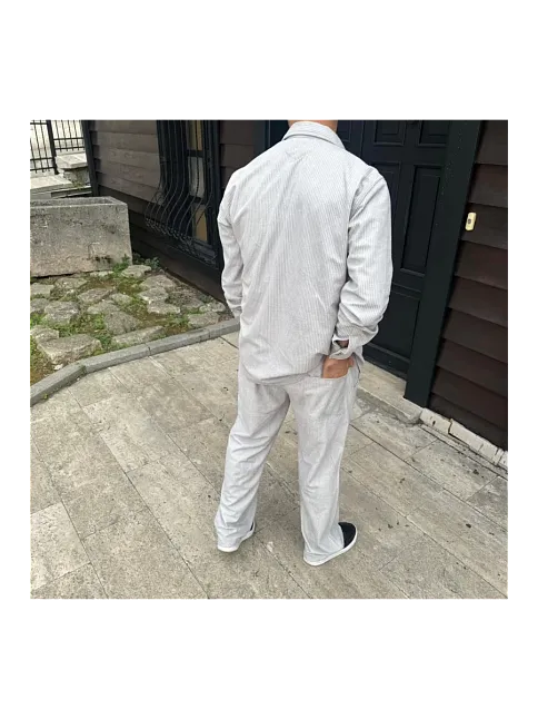 Erkek Kadife Oversize Takım Gömlek Pantolon İkili Set - Gri