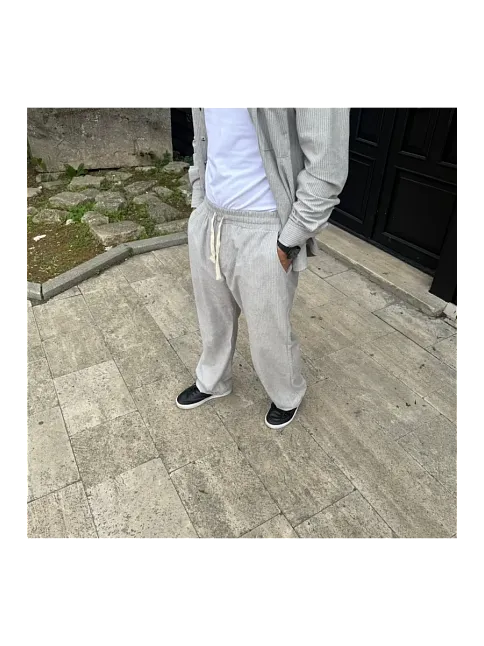 Erkek Kadife Oversize Takım Gömlek Pantolon İkili Set - Gri