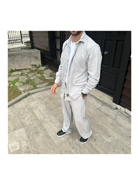 Erkek Kadife Oversize Takım Gömlek Pantolon İkili Set - Gri