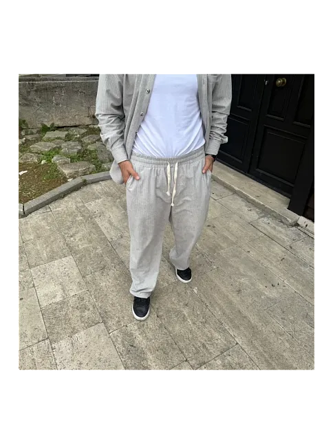 Erkek Kadife Oversize Takım Gömlek Pantolon İkili Set - Gri