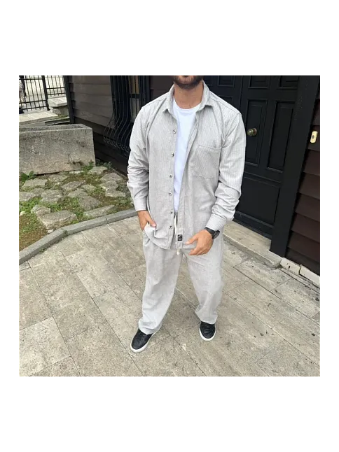 Erkek Kadife Oversize Takım Gömlek Pantolon İkili Set - Gri